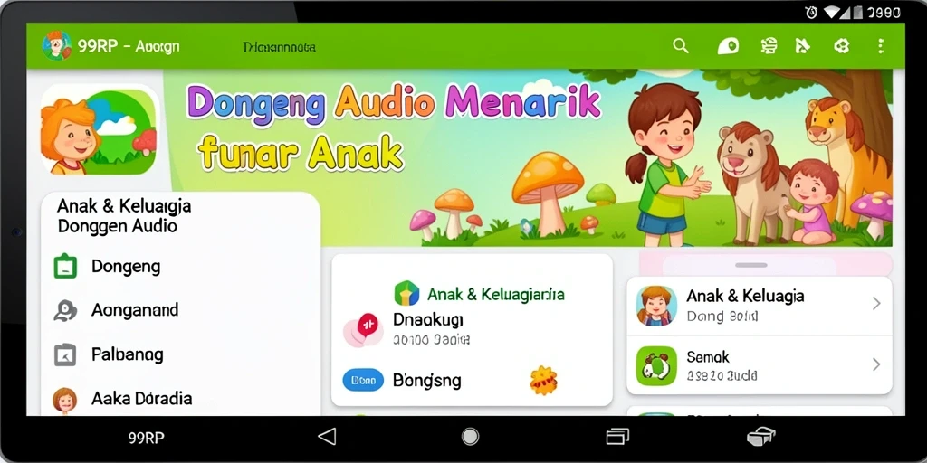 Antarmuka aplikasi 99RP dengan berbagai pilihan cerita dongeng audio.