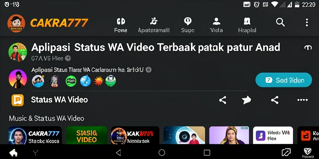 Antarmuka aplikasi CAKRA777 menampilkan pilihan video status yang menarik.