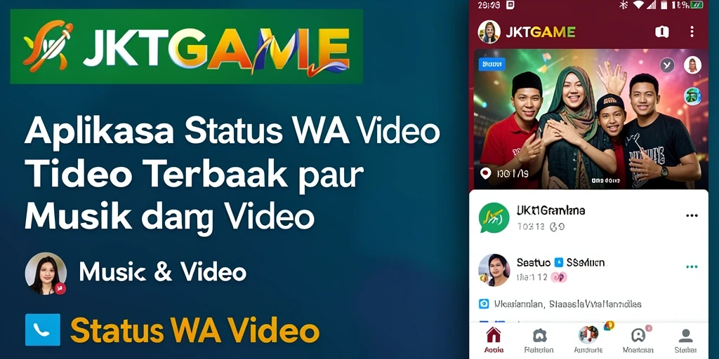 Tampilan antarmuka JKTGAME dengan fitur Status WA Video yang menarik.