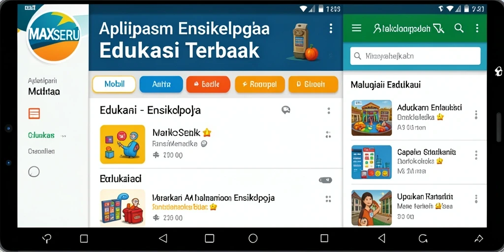 Antarmuka aplikasi MAXSERU dengan berbagai topik ensiklopedia.