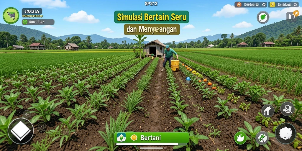 Screenshot antarmuka SP212 menampilkan kebun yang rimbun dan hewan ternak.